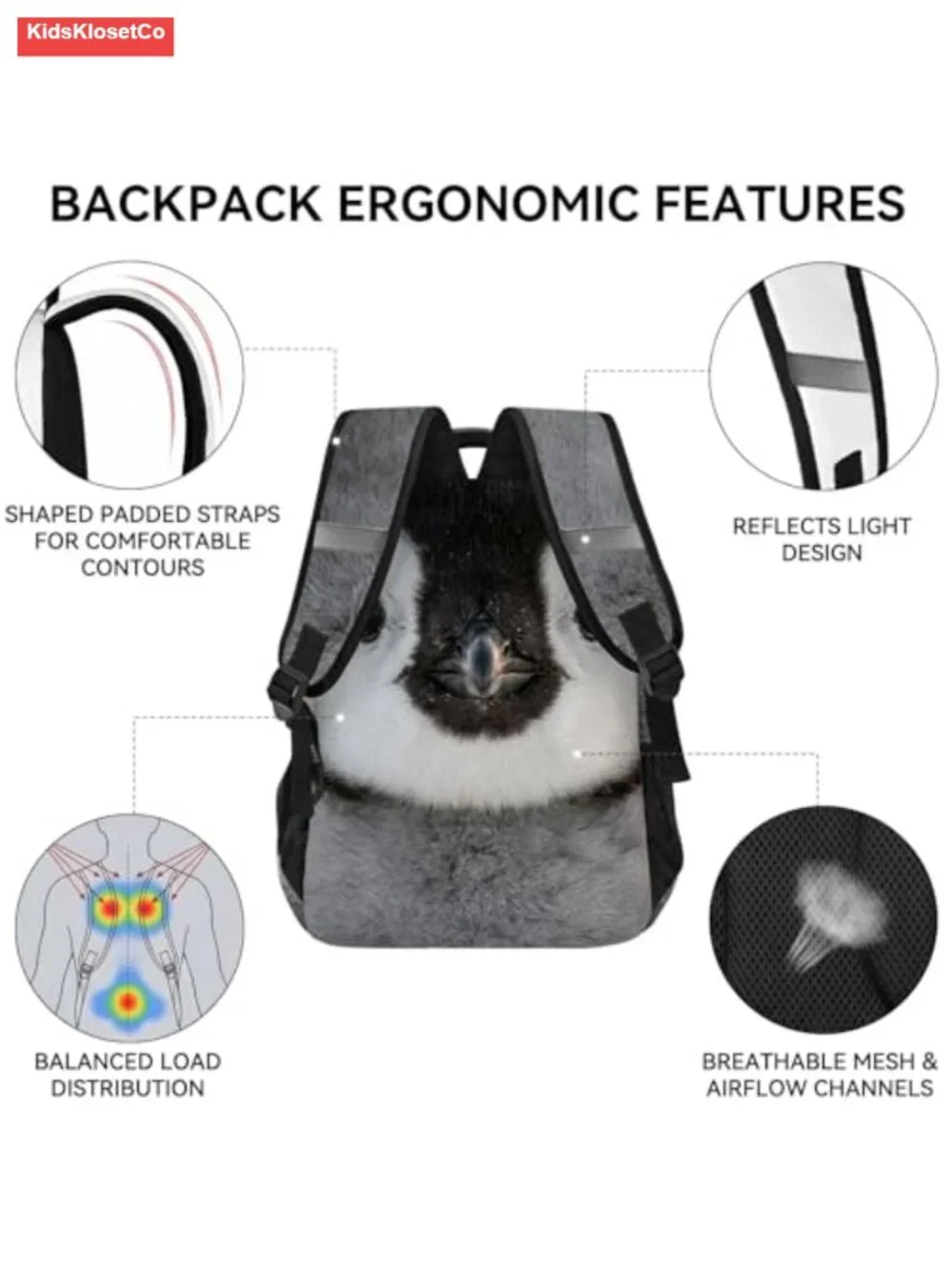 Penguin Backpack for Kids Arctic Animal Face School Bag with Reflective Safety